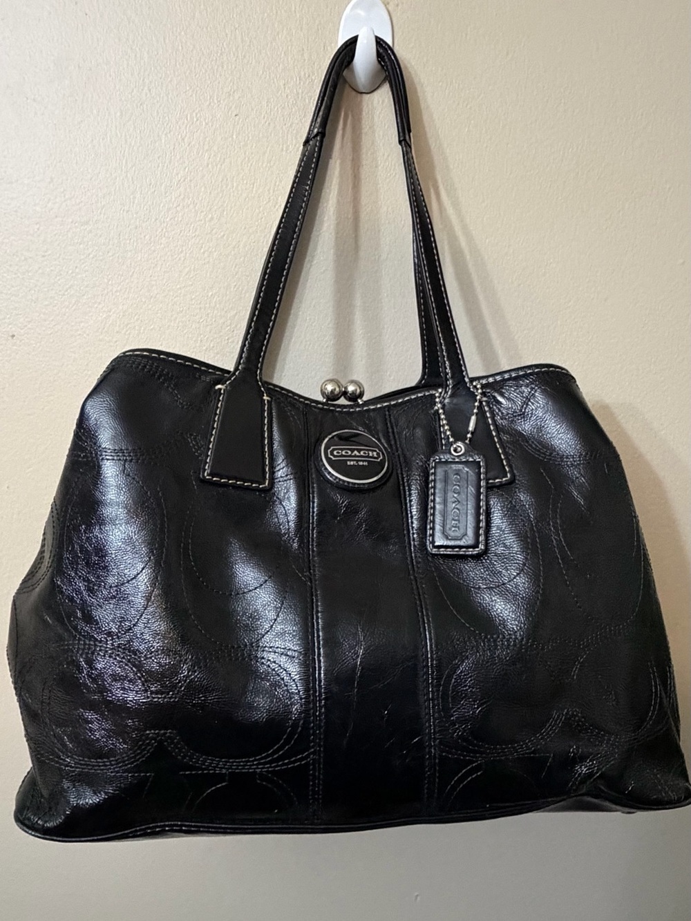 Coach Black Leather Tote with Signature Stitching#F15658